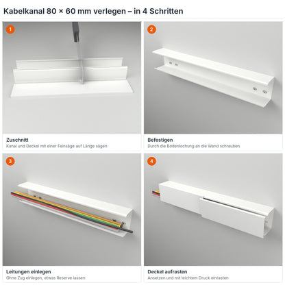 Kabelkanal 80×60 mm verlegen in 4 Schritten: Zuschnitt, Befestigen durch die Bodenlochung, Leitungen einlegen, Deckel aufrasten – Paket 20 Stangen