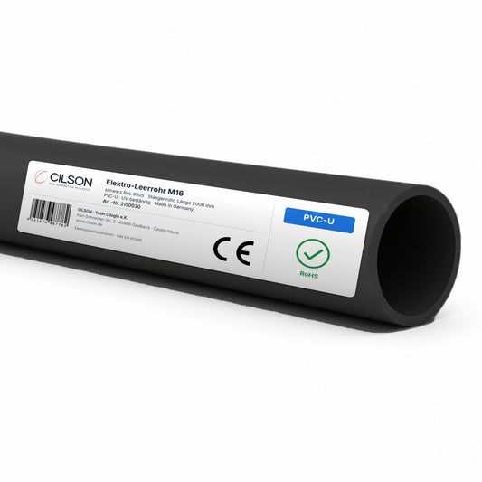 CILSON Elektro-Leerrohr M16 Schwarz RAL 9005 – 2 m Stangenrohr, PVC-U, UV-beständig, Art.-Nr. 2150030