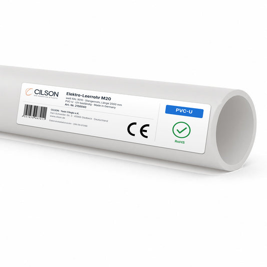CILSON Elektro-Leerrohr M20 Weiß RAL 9010 – 2 m Stangenrohr, PVC-U, UV-beständig, Art.-Nr. 2150040