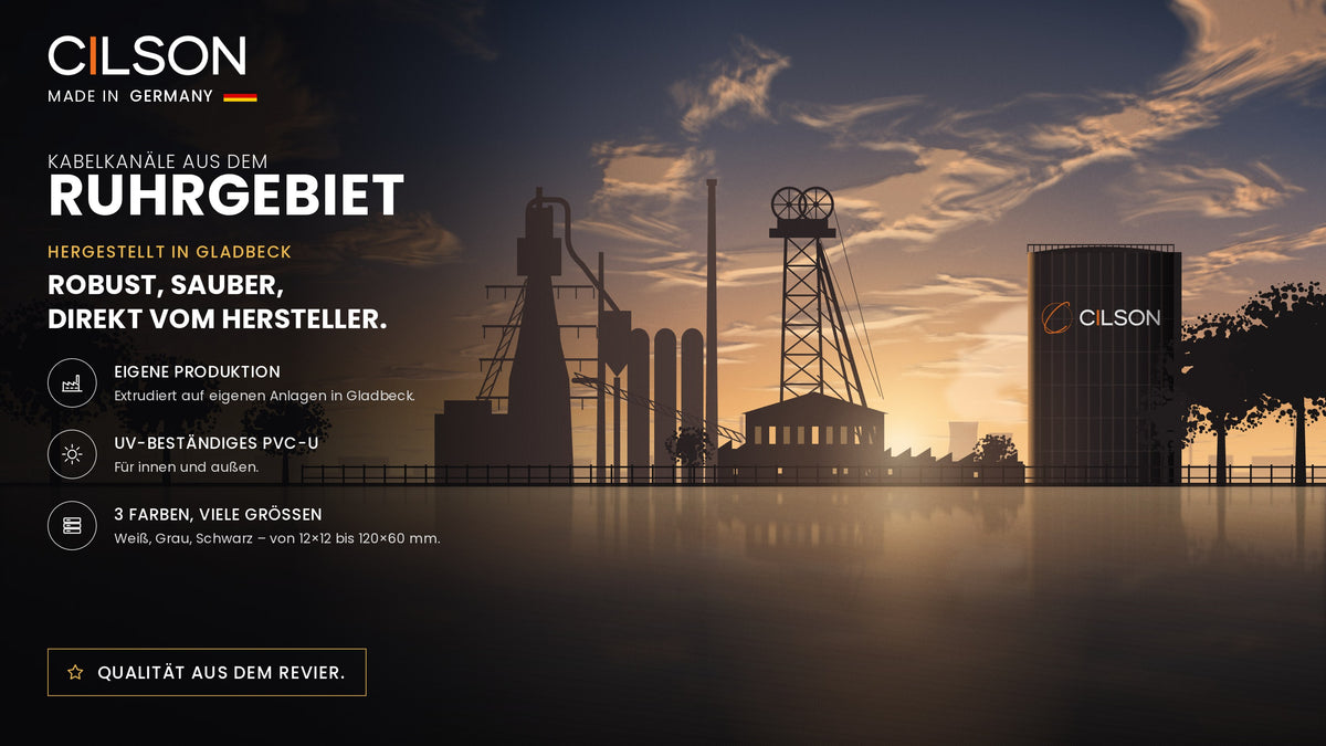 CILSON Kabelkanäle aus dem Ruhrgebiet – Industriekulisse mit Förderturm und Gasometer im Abendlicht, hergestellt in Gladbeck